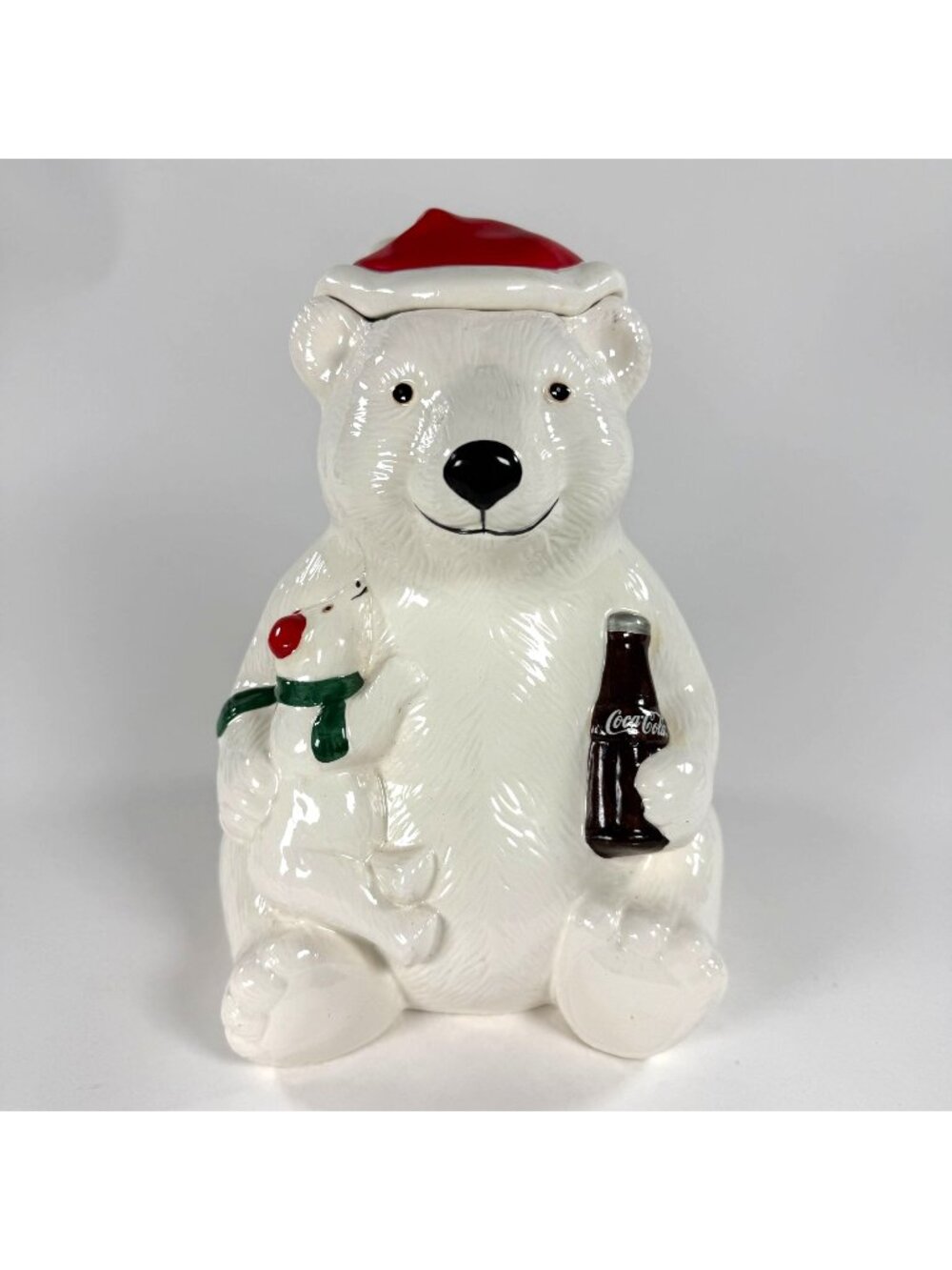 1998 Coca-Cola Chirstmas Polar Bear with Cub and Red Hat Cookie Jar Telaflora